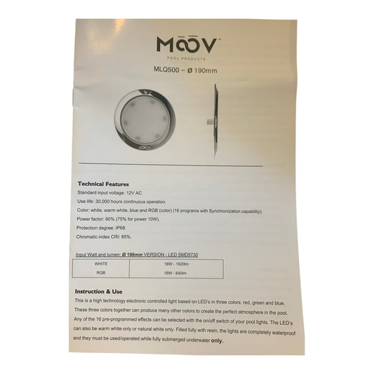 Moov Lumière Couleur 18W avec Câble 10' MLQ500RGB — Pièces | Destination Piscine Aide St-Bruno